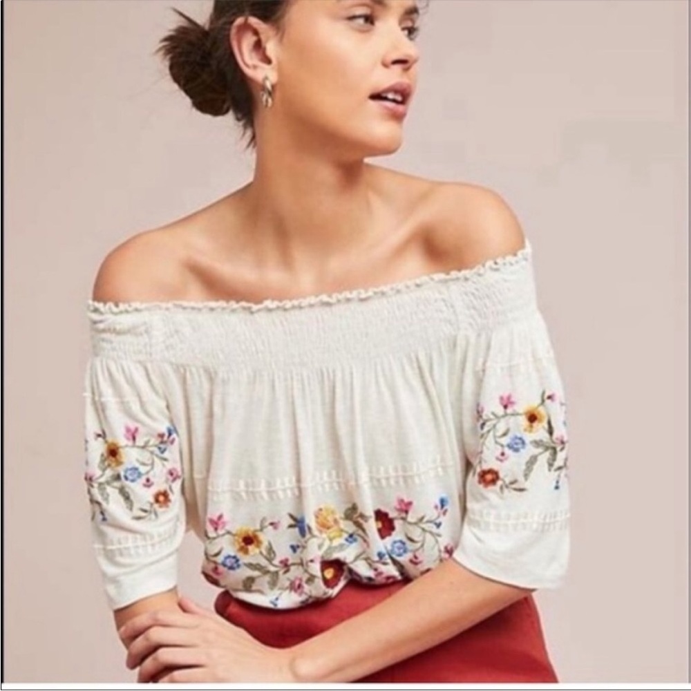 Anthropologie Ranna Gill Washoe Off Shoulder Boho Linen Embroidered Peasant Top